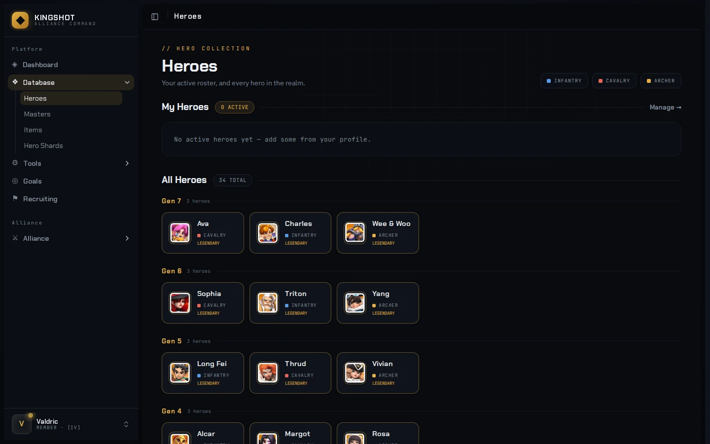 Hero database showing every hero grouped by generation