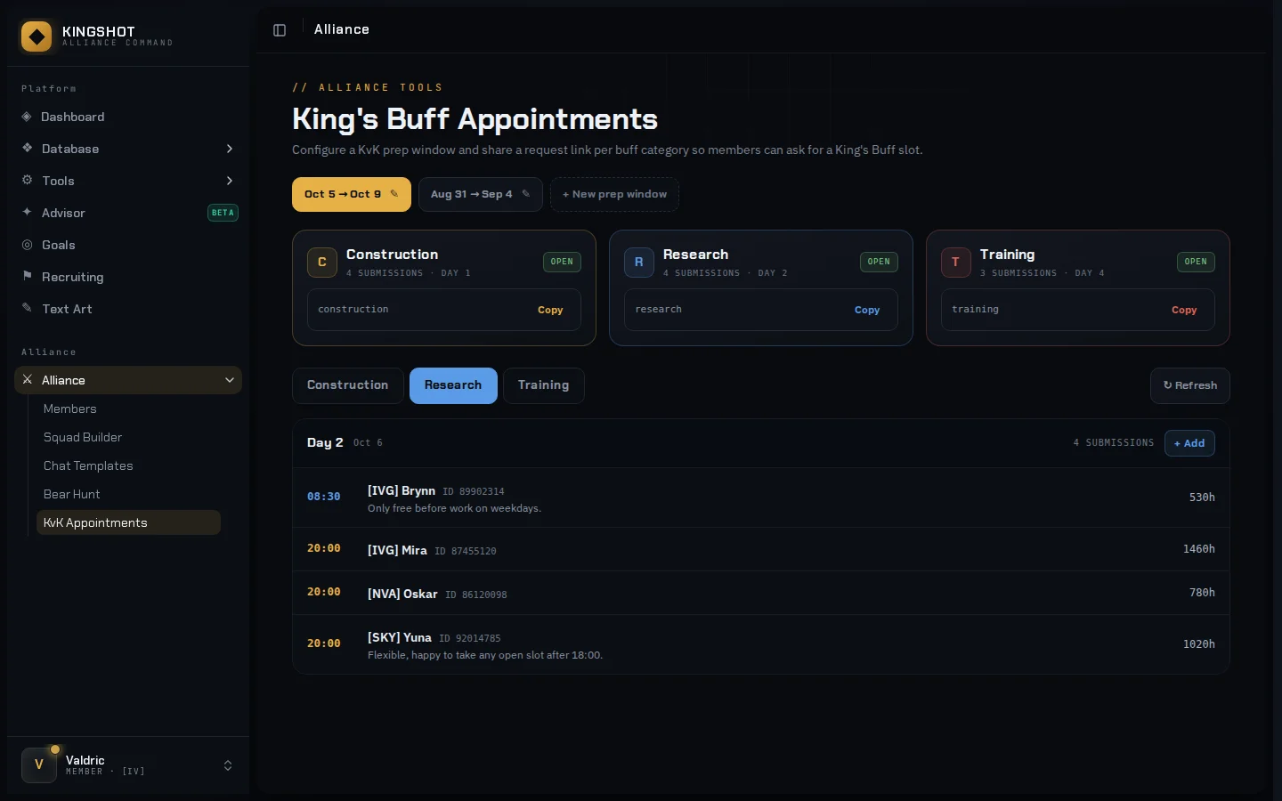KvK appointments board with research buff requests and same-slot conflicts